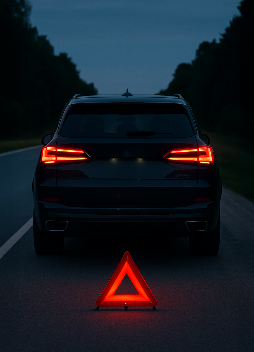 Предупреждающий знак позади автомобиля на дороге — страховка при аренде авто